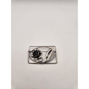 Vintage Sterling Silver Rose and Leaf Rectangular Frame Brooch Pin 925 Antique